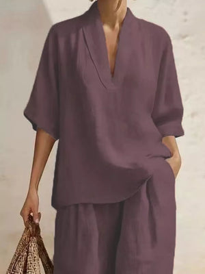 Mauve half-sleeve top with V-neck and wide-leg pants, casual women's outfit set.