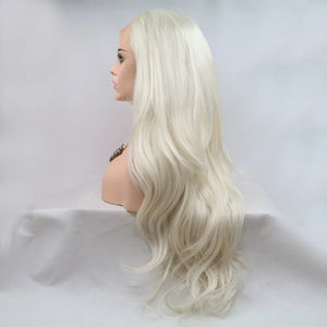 Blond lace front wig with long, wavy hair styled on a mannequin head.