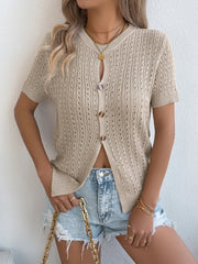Chic knit button-up cardigan in Dust Storm with short sleeves and a textured open-knit pattern.