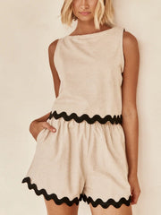 Tan linen tank top and shorts set with black scalloped trim