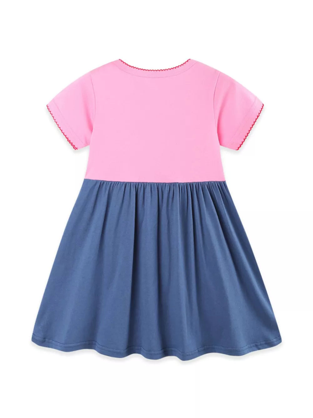 Toddler dress with pink top, blue skirt, and red trim.