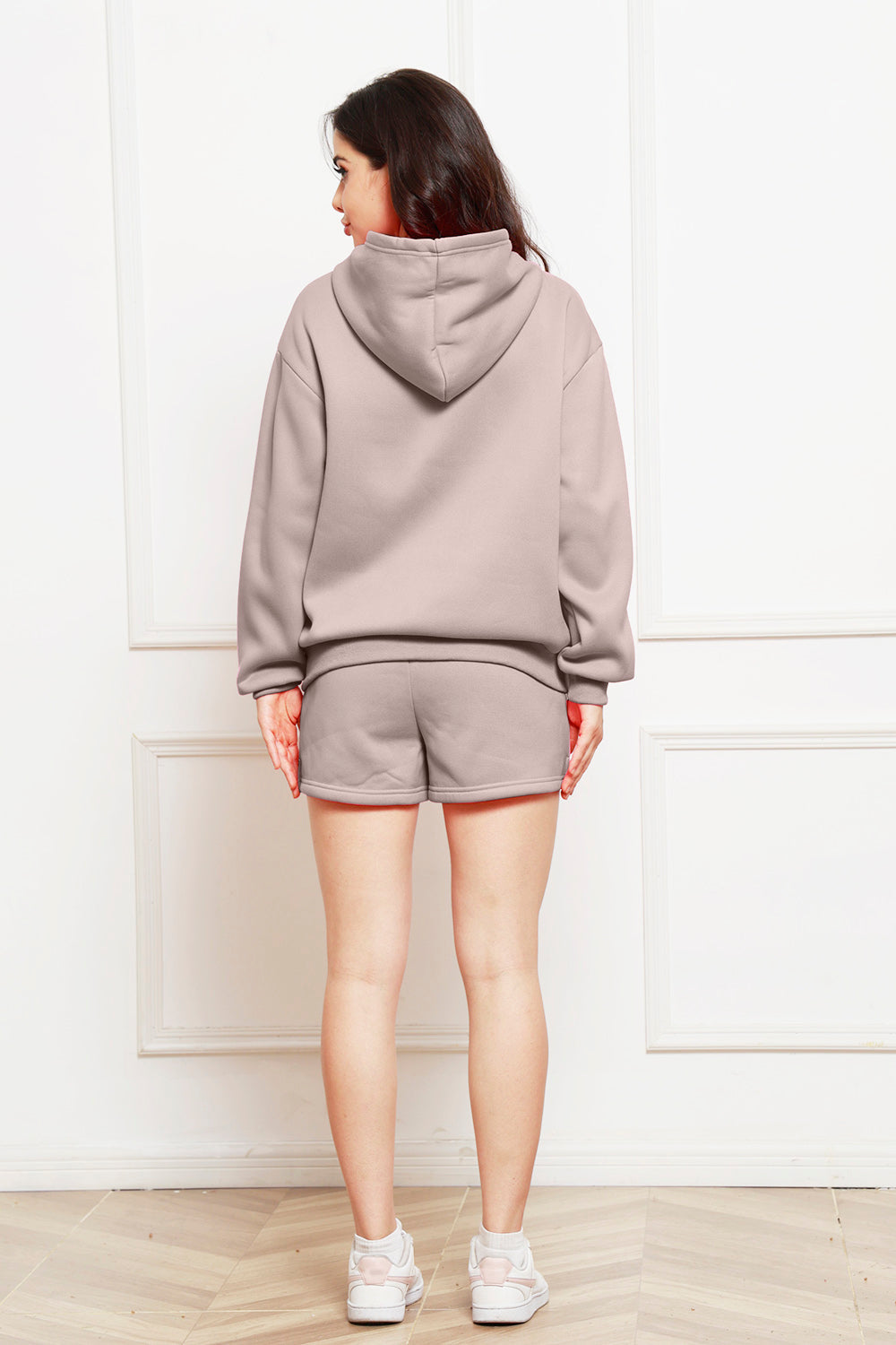 Tan hooded lounge shorts set with drawstring shorts and relaxed fit hoodie.
