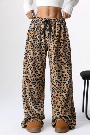 Leopard plush palazzo lounge pants with drawstring waist.