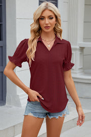 Burgundy eyelet polo blouse with short ruffled sleeves