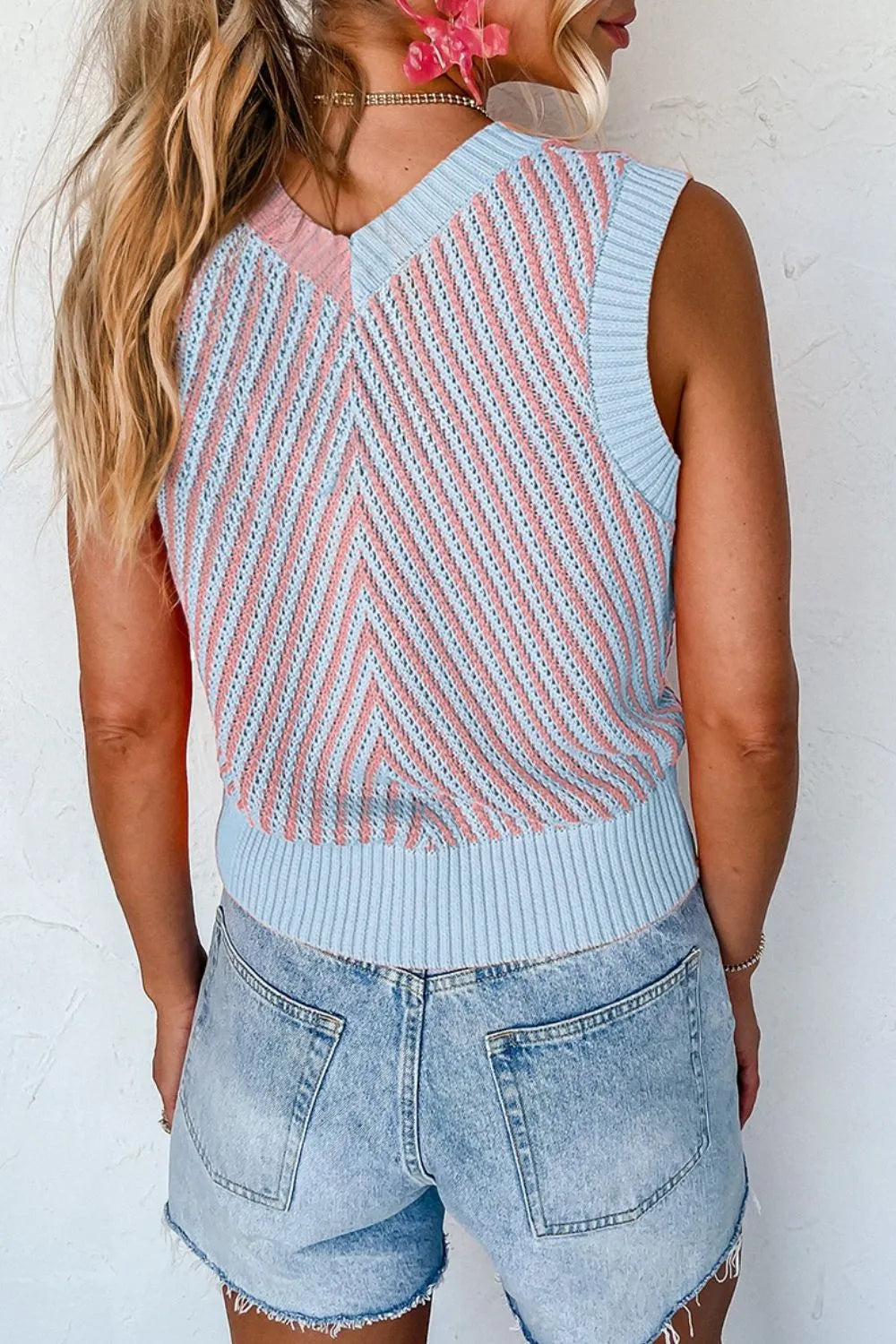 Chic Vibe Sweater Vest in blush pink and light blue knit with chevron pattern.