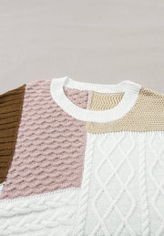 Patchwork cable knit tank top in dusty pink, white, brown, and beige with mixed stitch patterns.