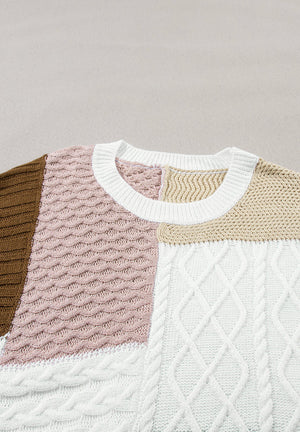 Patchwork cable knit tank top in dusty pink, white, brown, and beige with mixed stitch patterns.