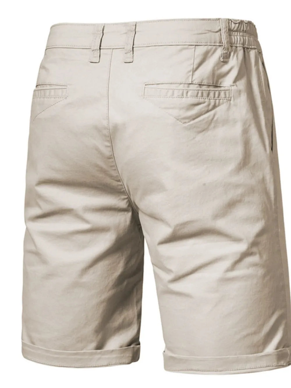 Khaki chino shorts with elastic waist and cuffed hem, back view