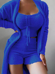 Cozy Plush Top And Shorts With Cardigan Set in Red, model styling view