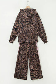 Leopard Print Striped Long Sleeve Top Pant Set in Coffee Brown, fabric detail