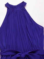 Light blue halter neck pleated palazzo jumpsuit with tie waist detail.