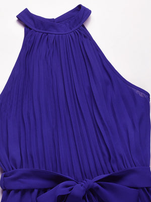 Light blue halter neck pleated palazzo jumpsuit with tie waist detail.
