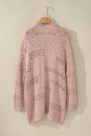 Dusty pink open-knit slouch cardigan with a relaxed fit and airy texture.