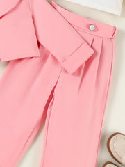 Pink toddler blazer set with cuffed sleeves and button detail on pants.