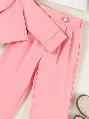Pink toddler blazer set with cuffed sleeves and button detail on pants.