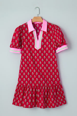 Red floral mini dress with puff sleeves, V-neck, pink collar and trim