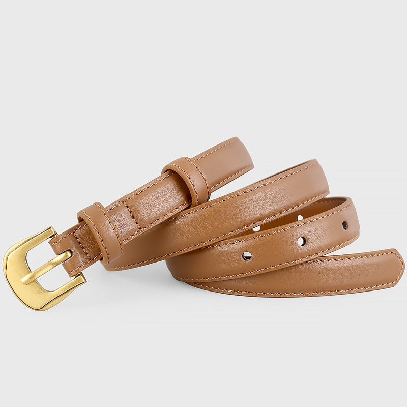 Elegant caramel cowhide leather belt with gold buckle and adjustable holes