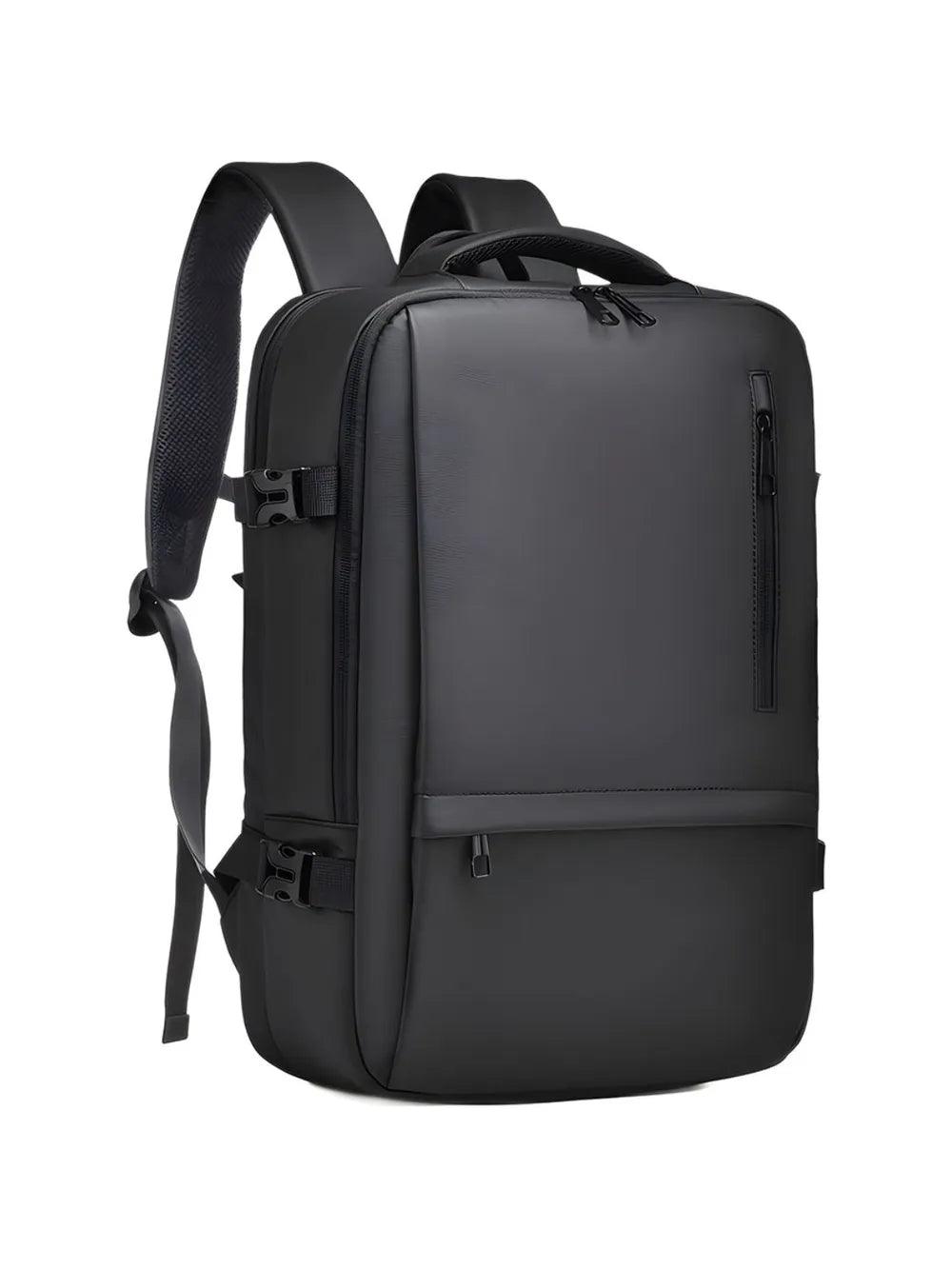 Black convertible commuter backpack with padded straps and multiple zippered pockets.