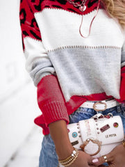 Leopard panel knit sweater with colorblock red, white, and gray stripes.