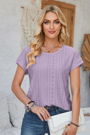 Lavender perforated eyelet cuffed tee with short sleeves and a round neckline.