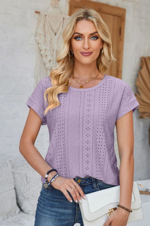Lavender perforated eyelet cuffed tee with short sleeves and a round neckline.