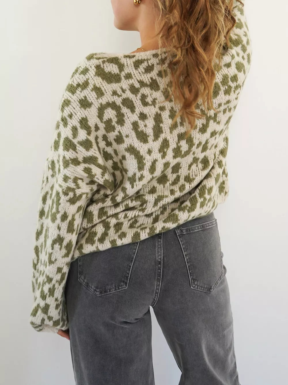 Sage leopard print knit cardigan with a crew neck and long sleeves.