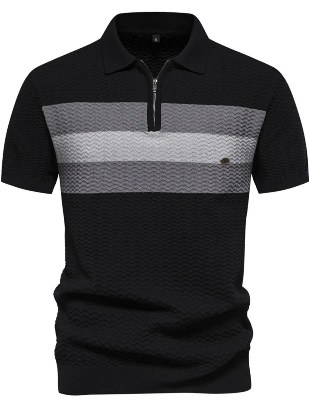Black zip polo shirt with chevron stripe detail and textured fabric.
