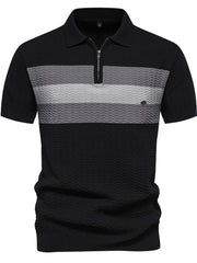 Black zip polo shirt with chevron stripe detail and textured fabric.