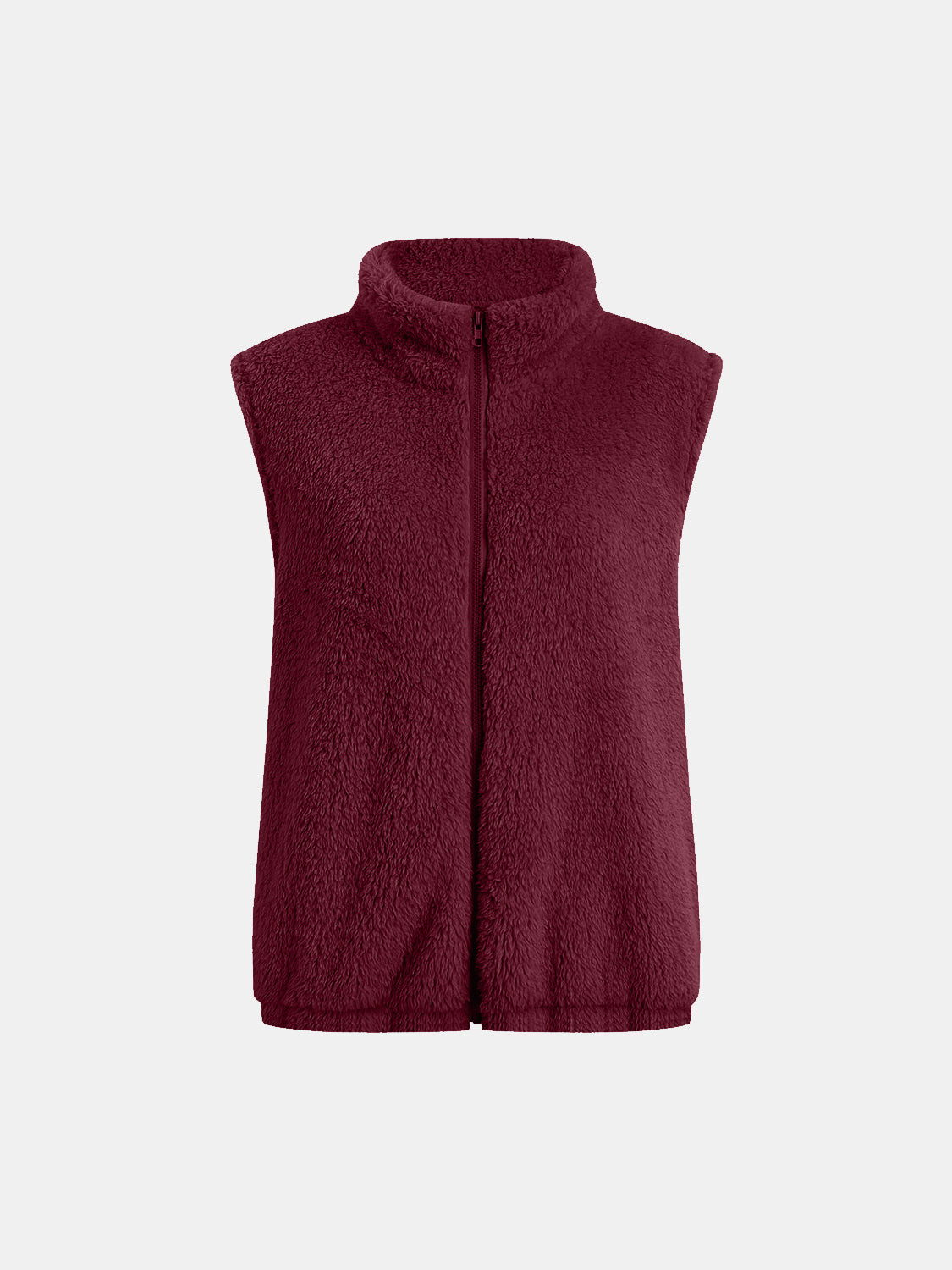 Burgundy teddy fleece stand-collar vest with full zip closure