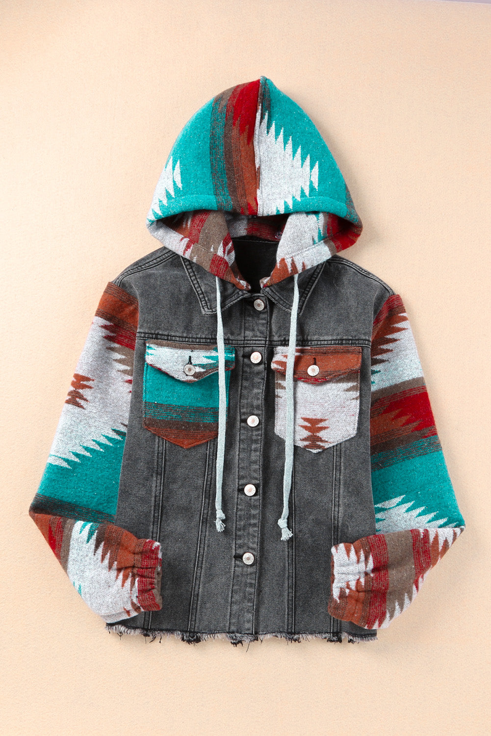 Denim hoodie jacket with Southwestern print on sleeves and hood, dark gray wash cotton.