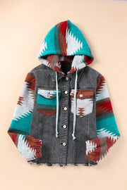 Denim hoodie jacket with Southwestern print on sleeves and hood, dark gray wash cotton.