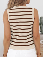 Button-front knit top in tan and brown Breton stripe, sleeveless with mock neck.
