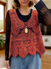 Terracotta lace overlay cropped vest with intricate floral pattern and scalloped hem.