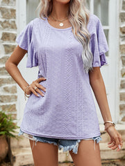 Lavender eyelet flutter sleeve blouse with a round neckline.