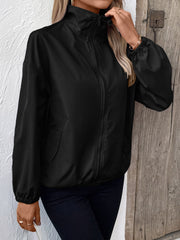 Black nylon bomber jacket with zip front, stand collar, and drawstring hem.