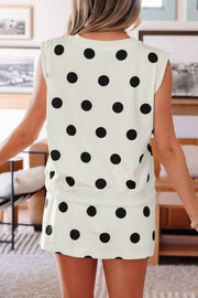 White polka dot ribbed trim two-piece set with a sleeveless top and skirt.