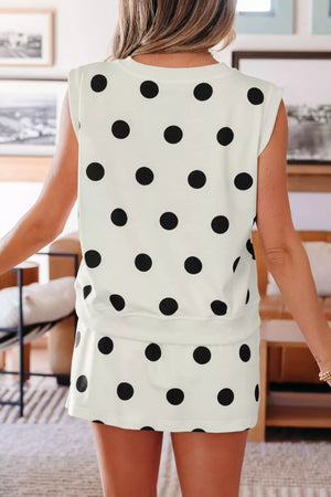 White polka dot ribbed trim two-piece set with a sleeveless top and skirt.