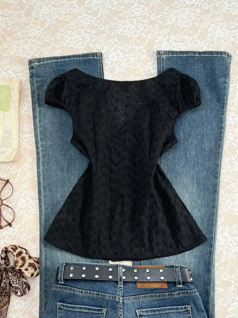 Lace V-neck Cap Sleeve Blouse, fabric detail