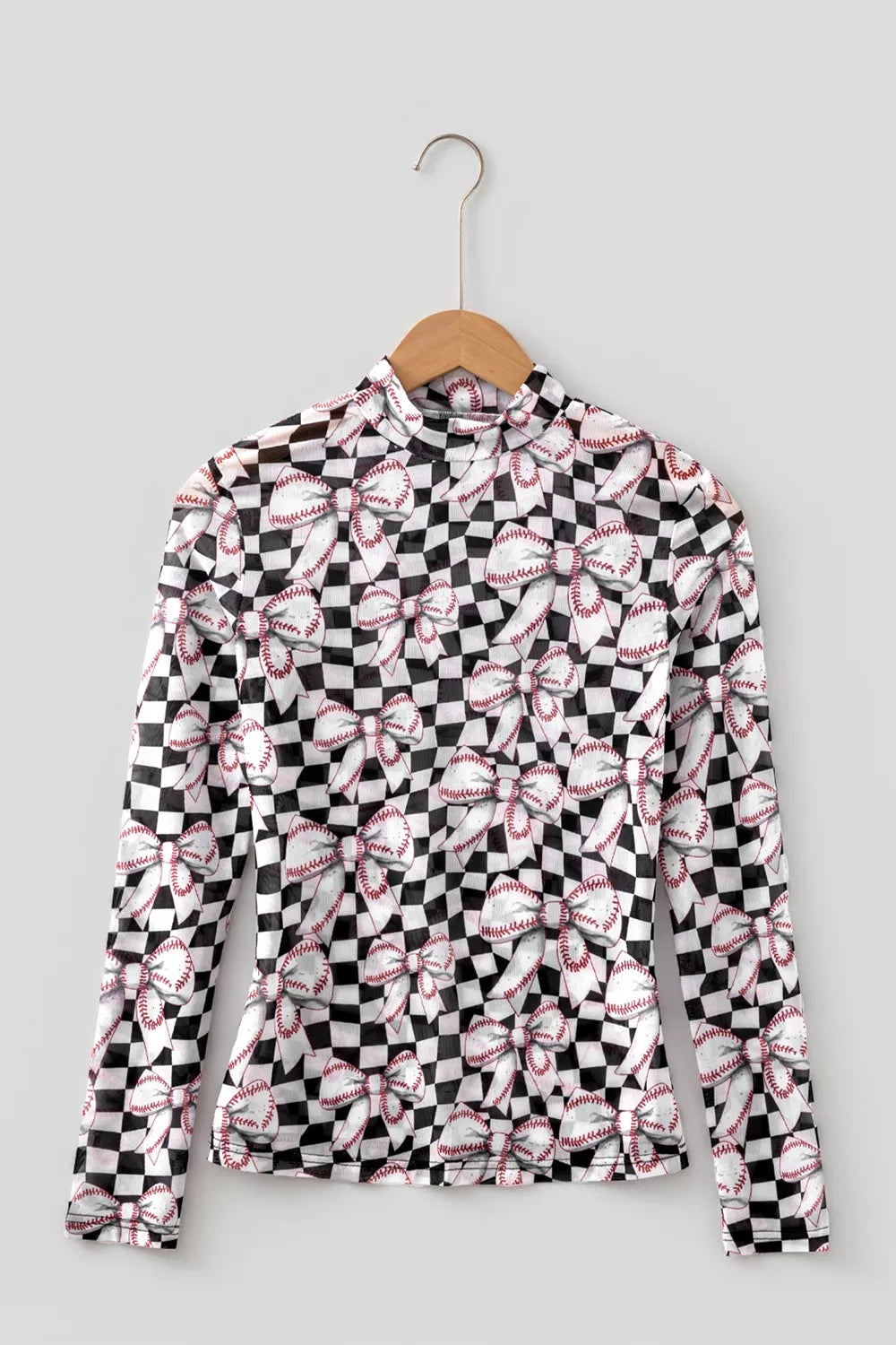 Checkered Baseball Bow Print Mesh Top in Black, side view