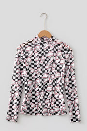 Checkered Baseball Bow Print Mesh Top in Black, side view