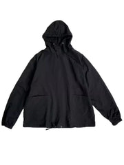 Black oversized drawstring hoodie with kangaroo pockets and adjustable hood.