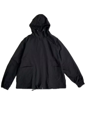 Black oversized drawstring hoodie with kangaroo pockets and adjustable hood.
