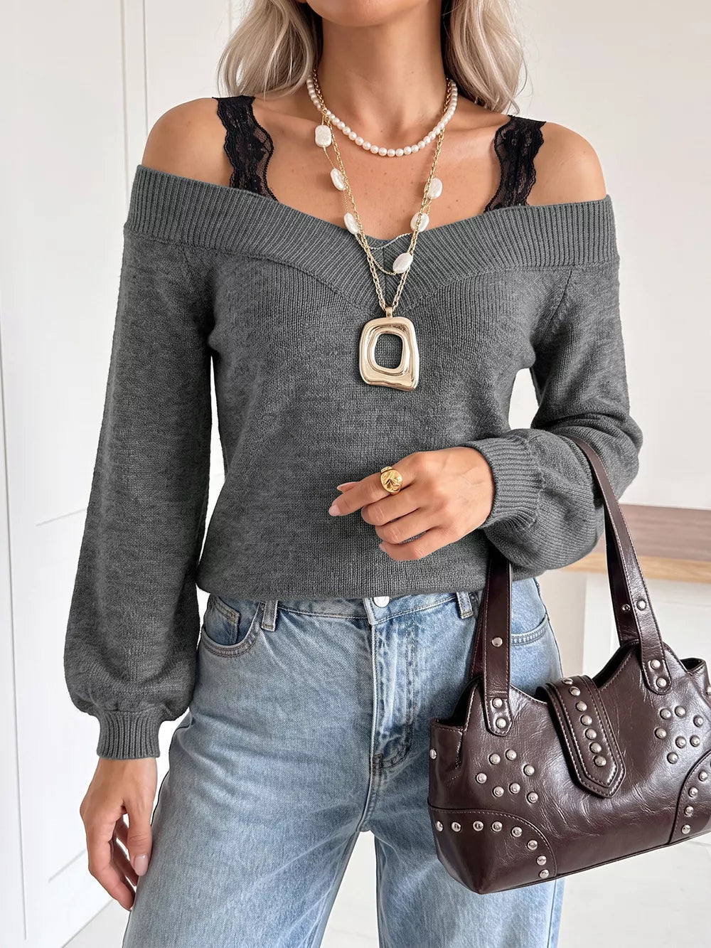 Off-shoulder Lace Trim Sweater in Dark Gray, side view