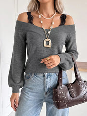Off-shoulder Lace Trim Sweater in Dark Gray, side view