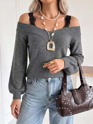 Off-shoulder Lace Trim Sweater in Dark Gray, side view