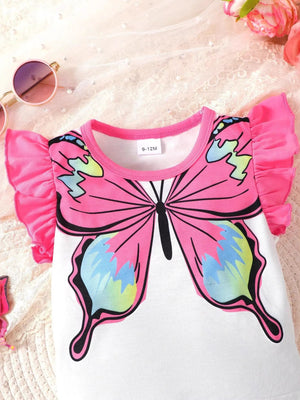 Baby girls' white top with pink butterfly graphic and ruffled sleeves