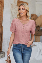 Dusty pink perforated puff sleeve henley top with button detail and scoop neck
