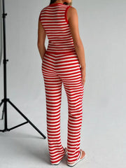 V-neck striped knit two-piece set in deep red and white, featuring a sleeveless top and wide-leg pants.