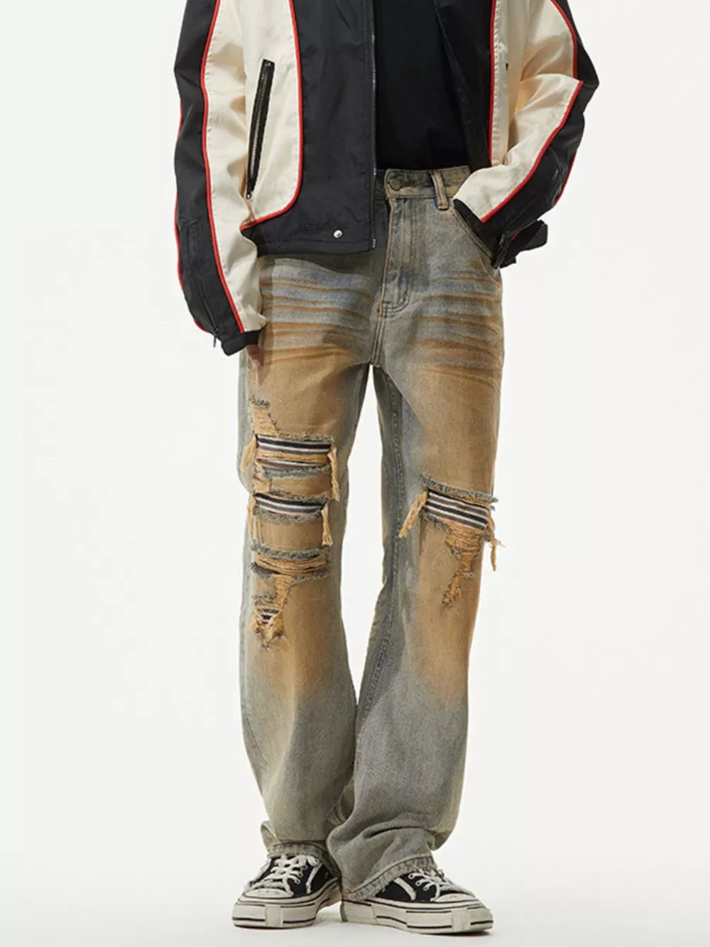 Men's distressed jeans with unique wash and ripped details