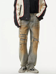 Men's distressed jeans with unique wash and ripped details